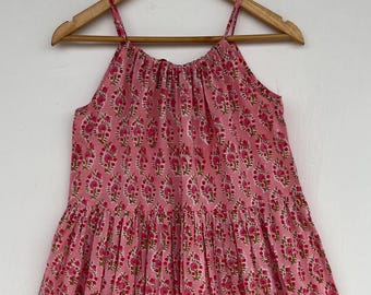 Vestido de verano de algodón con estampado floral en bloque, vestido maxi bohemio sin mangas con espalda única, vestido de verano ligero hecho a mano.