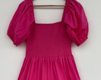 Pink Bohemian Maxi Dress, Puff Sleeve Smocked Long Dress, Square Neckline Tiered Women Party Wear