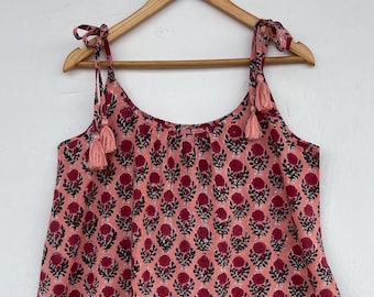 Lightweight Soft Cotton Floral Summer Dress, Block Print Boho Midi Dress with Tie Straps, Resort Beach Comfort Women Wear