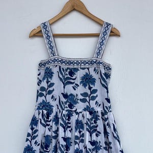 Blue White Floral Block Printed Summer Beach Dress, Pure Cotton Strap Maxi Dress, Picnic Vacation Boho Women Outfit