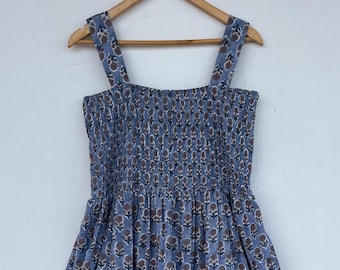 Block Print Cotton Summer Dress, Handmade Boho Floral Maxi, Smocked Bodice Strap Dress, Casual Resort wear