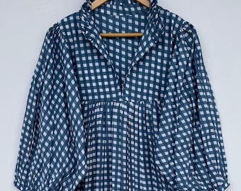 Summer Cotton Plaid Dress, Blue White Checkered Long Maxi, Loose Fit Vintage Dress, Breathable Cotton