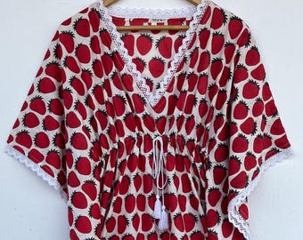 Strawberry Print Cotton Kaftan Dress, Boho Beach Cover-Up Dress with Lace Trim, Handmade Summer Loungewear