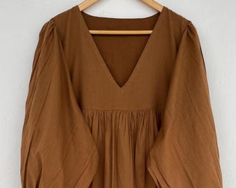 V Neck Brown Cotton Maxi, Loose Fit Casual Dress for Women, Boho Long Sleeves Modest Wear