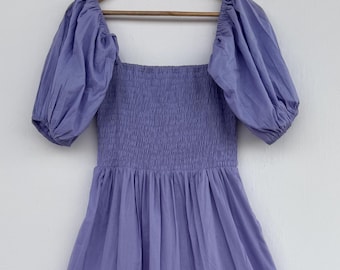 Lilac Solid Bohemian Maxi Dress, Half Sleeve Smocked Long Dress, Tiered Summer Cotton Women Outfit