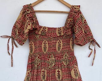 Boho Handblock Cotton Dress, Vintage Floral Prairie Summer Maxi, Ruffle Square Neck Peasant Dress, Bohemian Clothing