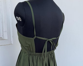 Backless Summer Maxi, Solid Green Strap Long Dress, 100% Cotton Partywear Maxi Gown, Vacation Resort Picnic Wear