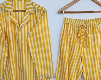 Yellow Striped Cotton Pajama Set, 2 Piece Comfort Loungewear, Button Down Sleepwear for Women, Boho Nightwear for Summer