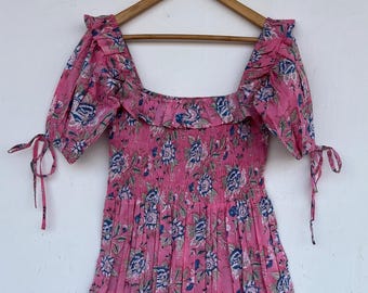 Pink Floral Smocked Summer Cotton Dress, Handmade Lightweight Vacation Dress, Romantic Boho Long Maxi