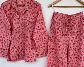 Heart Print Cotton Pajama Set, Women’s Button Down Sleepwear Lounge Set, Pink Nightwear PJ Set for Women