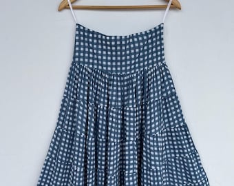 Blue White Check Long Skirt, Shirred Waist Maxi Skirt, 100% Cotton A Line Skirt