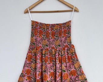 Hand Block Floral Printed Smocked Waist Long Skirt, Pure Cotton Boho Skirt, Artisan Handmade Maxi Skirt