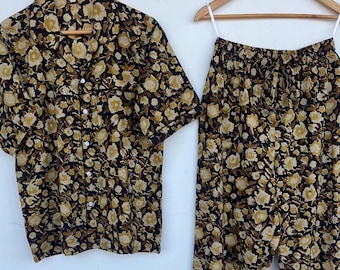Hand Block Print Cotton Pajama Set for Women, Floral Lounge Wear Co-Ord Set, Button Down Shirt & Elastic Waist Pants