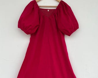 V Neck Pink Cotton Slub Maxi Dress, Loose Fit Casual Dress for Women, Romantic Boho Summer Wear, Vacation Outfit