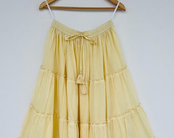 Off White Tiered Cotton Maxi Skirt, Boho Skirt with Tassel Tie Waist