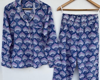 Hand Block Print Pajama Set, Floral Lounge set for Women, Soft Cotton Sleepwear, Bachelorette Party Outfit