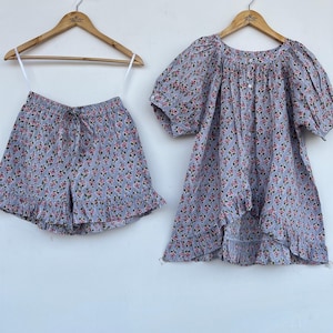 Floral Co-Ord Set, Handmade Two-Piece Cotton Set, Ruffle Hem Top and Shorts, Summer Loungewear