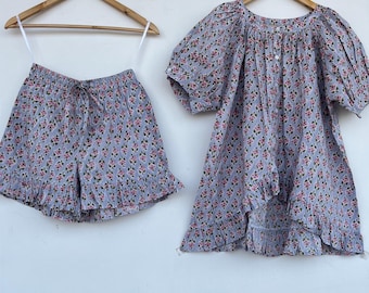 Floral Co-Ord Set, Handmade Two-Piece Cotton Set, Ruffle Hem Top and Shorts, Summer Loungewear