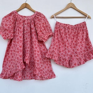 Pink Co-Ord Set for Women, 100% Cotton Top & Short Set, Comfy Nightwear, Boho Summer Wear, Beach Vacation Dress