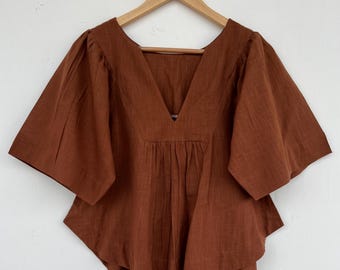 Brown Cotton Slub Babydoll Blouse, Women's V Neck Boho Top, Flowy Summer Peasant Shirt, Breathable & Lightweight