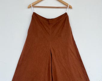 Brown Cotton Slub Wide Leg Pants for Women, High Waist Palazzo Trousers, Boho Summer Culottes, Minimalist Lounge Pants