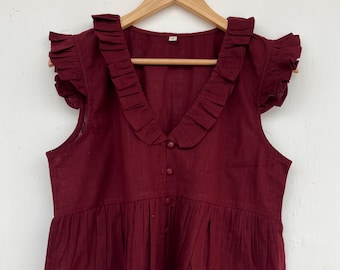 Burgundy Cotton Slub Peplum Blouse, Women's Ruffle Collar Sleeveless Shirt, Boho Summer Top, Button Front, Handmade, Lightweight