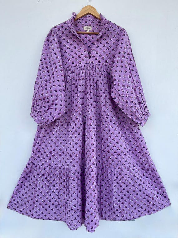 Purple Floral Cotton Maxi, Lightweight Summer Dress, Minimalist Boho Outfit, Puff Sleeve, Breathable Cotton