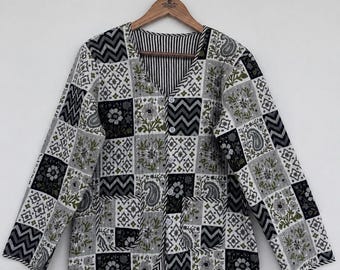 Women's Quilted Cotton Jacket, Lightweight Boho Coat, Black Floral Reversible Jacket, Handmade Fall Layering Jacket