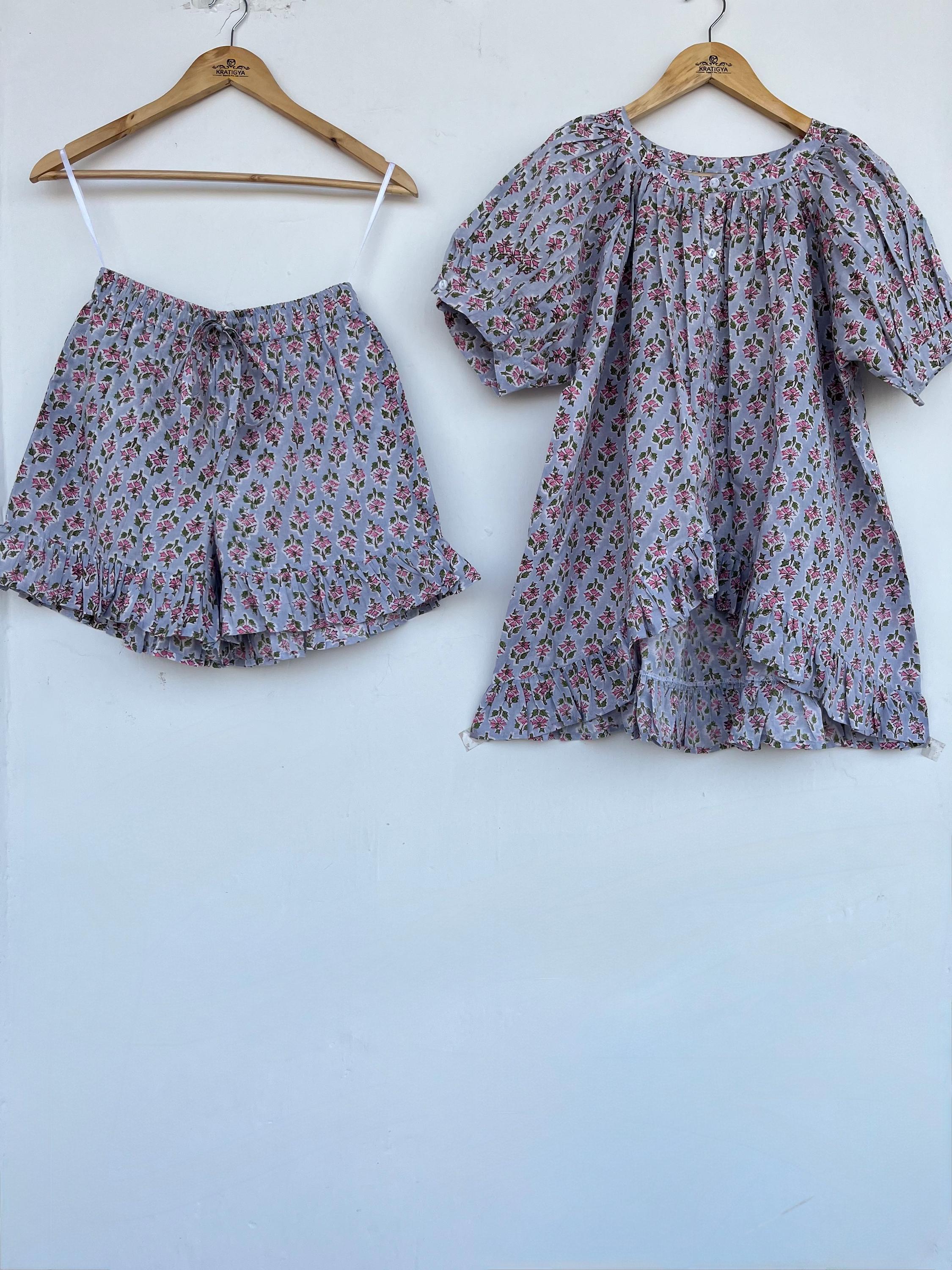Floral Co-Ord Set, Handmade Two-Piece Cotton Set, Ruffle Hem Top and Shorts, Summer Loungewear