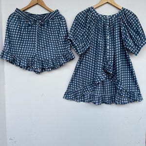 Blue Gingham Co-Ord Set, Handmade Two-Piece Cotton Set, Ruffle Hem Top and Shorts, Summer Loungewear
