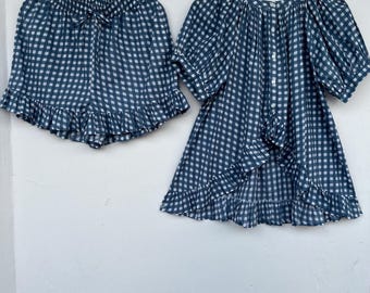 Blue Gingham Co-Ord Set, Handmade Two-Piece Cotton Set, Ruffle Hem Top and Shorts, Summer Loungewear