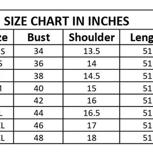 May include: A size chart in inches, with measurements for bust, shoulder, and length. Sizes range from XXS to 3XL, with bust measurements from 34 to 48 inches, shoulder measurements from 13.5 to 18 inches, and a consistent length of 51 inches.