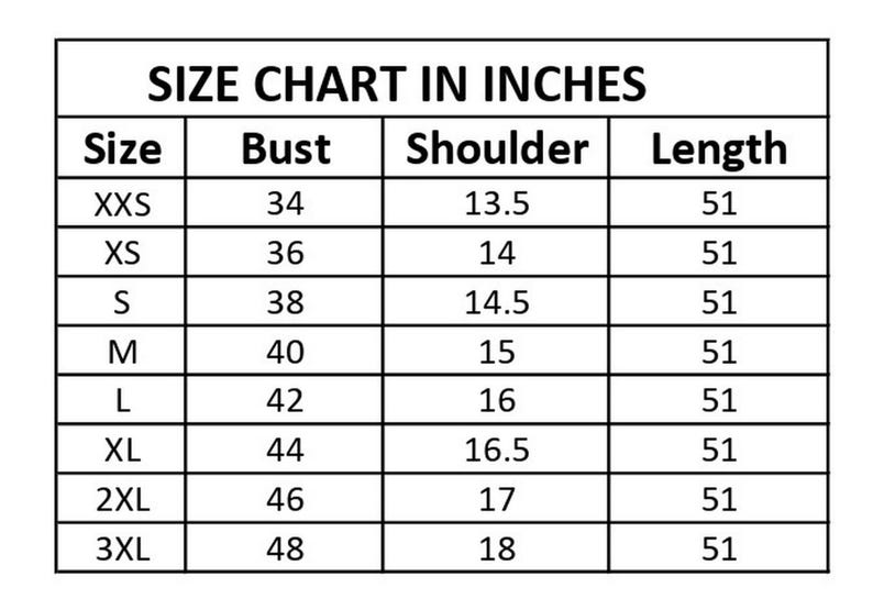 May include: A size chart in inches, with measurements for bust, shoulder, and length. Sizes range from XXS to 3XL, with bust measurements from 34 to 48 inches, shoulder measurements from 13.5 to 18 inches, and a consistent length of 51 inches.