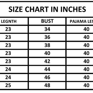 May include: A size chart in inches, with measurements for shirt length, bust, pajama length, and hips. Sizes range from XXS to 3XL, with corresponding measurements in inches. The chart is in a black and white format.