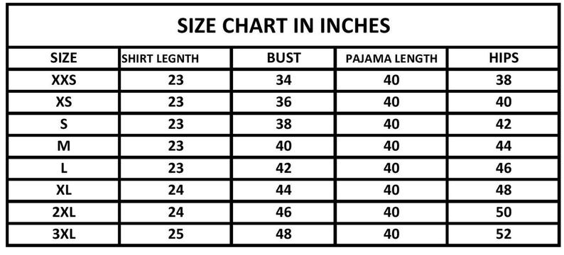 May include: A size chart in inches, with measurements for shirt length, bust, pajama length, and hips. Sizes range from XXS to 3XL, with corresponding measurements in inches. The chart is in a black and white format.
