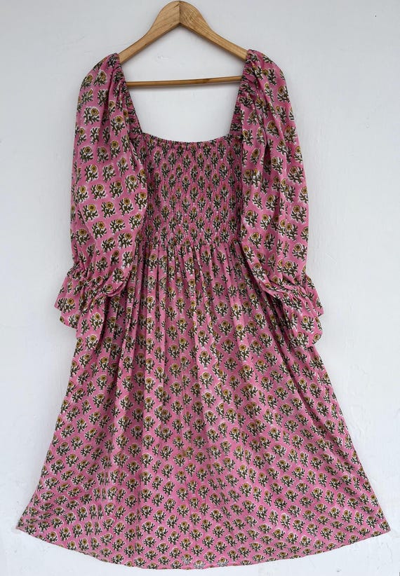 Hand Block Printed Pink Floral Dress, Ruffle Sleeves Boho Cotton Maxi Dress, Long Cottagecore Summer Outfit for Women
