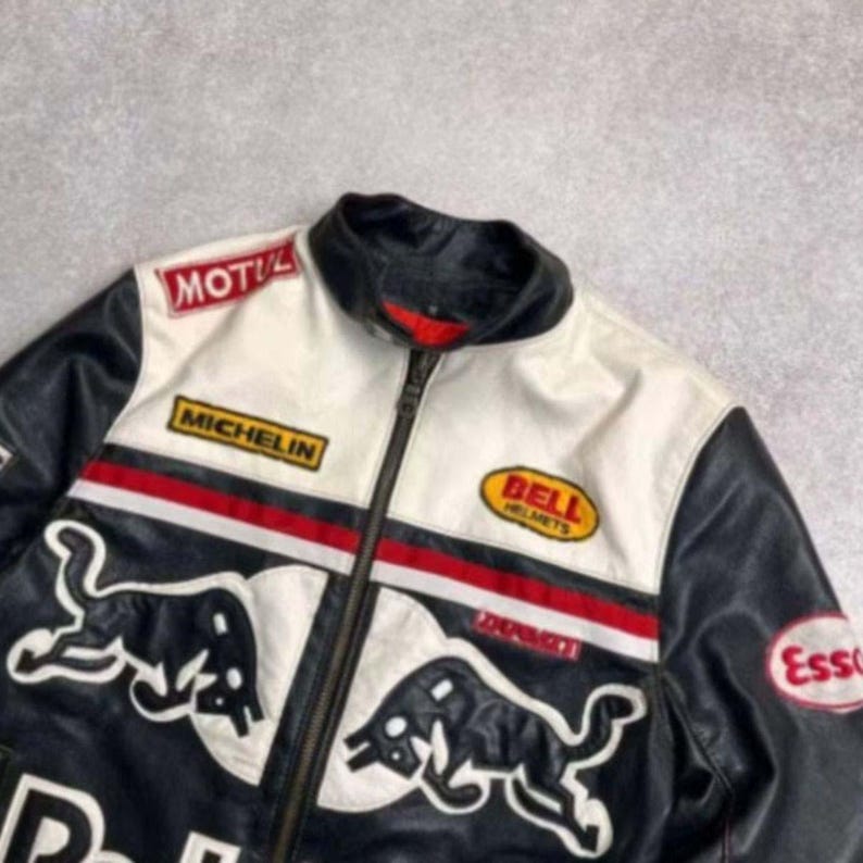 Men’s Vintage Red Bull Motorcycle Leather Racing Jacket Real Cowhide ...