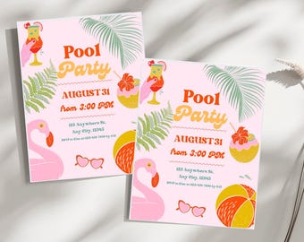 Invito per festa in piscina a tema fenicotteri, modificabile su Canva / Invito di compleanno estivo tropicale stampabile / Download digitale per bambini