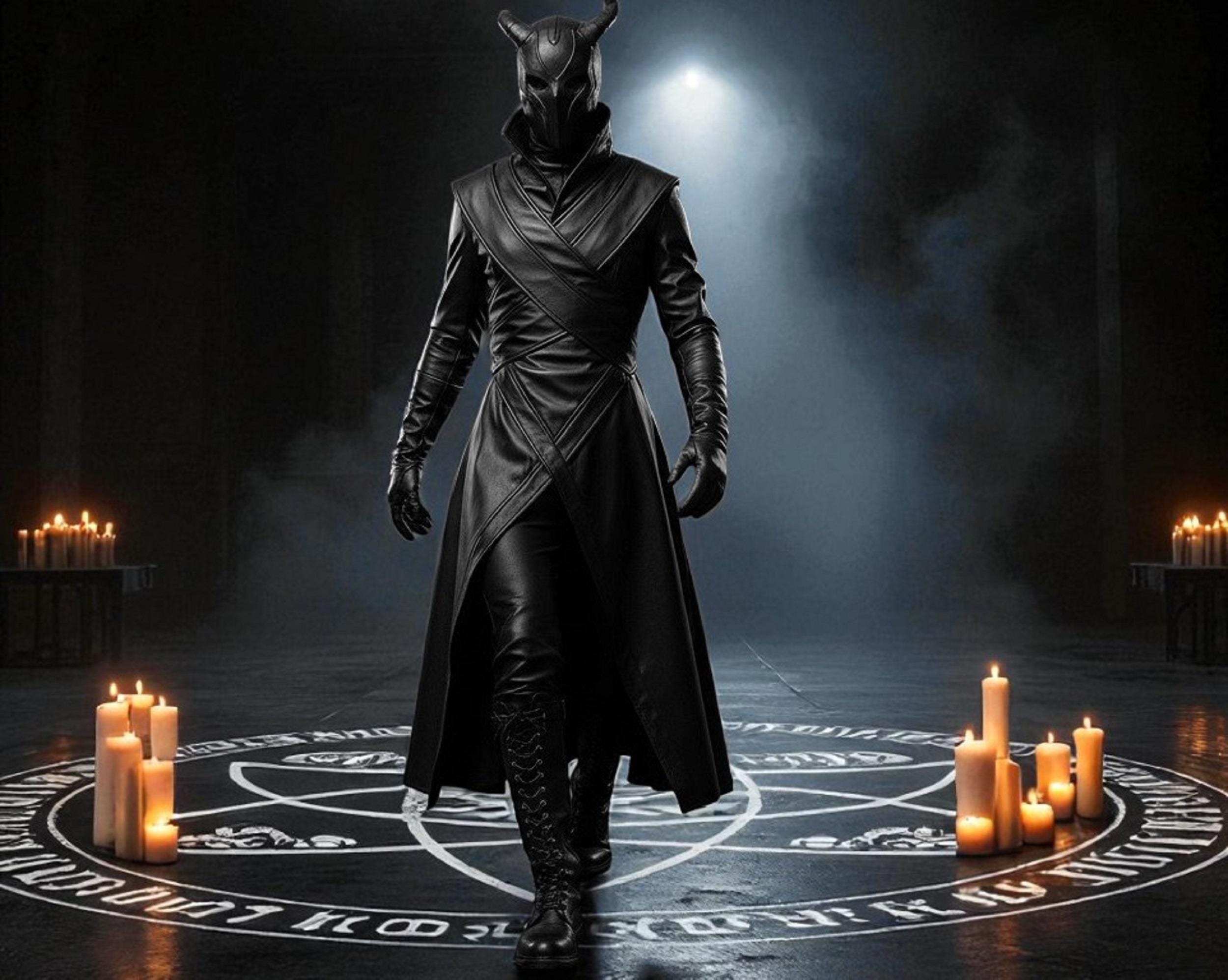 Black Satanic Leather Cloak Set – Demon Mask Cosplay Outfit | Dark Fantasy Halloween Armor Cloak | Occult Festival Costume.