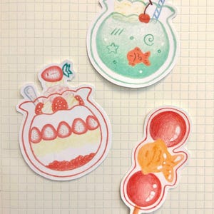 fish dessert sticker | melon soda, strawberry parfait fishbowl, tanghulu, jelly | cute matte sticker for laptop, journaling, crafting