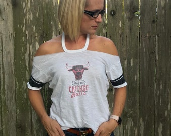 Chicago Bulls Custom Off The Shoulder Halter Cold Shoulder Upcycled TShirt - size Medium