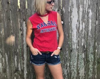 Kansas Jayhawks Custom Deep V Choker Tank Top - Upcycled - size Small Medium