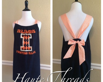 Illinois Fighting Illini Custom One-Of-A-Kind Gameday Spirit Bow Back Tank Top Shirt - Upcycled - size Large