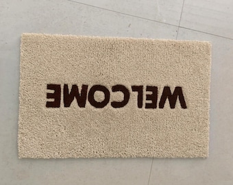 Welcome Tufted Rug, Handmade Wool Entryway Carpet, Modern Beige Door Mat, Custom Welcome Floor Rug Decor