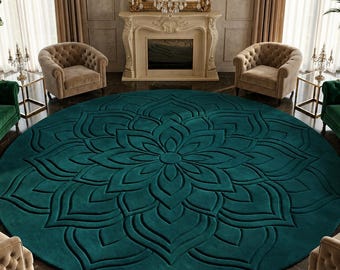 Luxury Hand Tufted Round Teal Wool Rug, Modern Floral Mandala Area Carpet for Living Room Bedroom Office