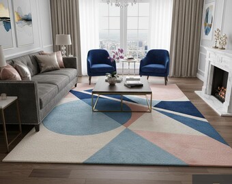 Modern Abstract Geometric Area Rug in Blue, Blush and Beige | Hand-Tufted Designer Carpet for Living Room and Bedroom Decor