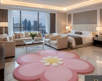 Luxury Pink Flower Shape Rug – Hand-Tufted Designer Floral Carpet for Bedroom, Kids Room and Modern Home Décor