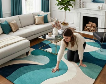 May include: A colorful area rug with a wave-like design in shades of teal, blue, and beige. The rug is placed on a hardwood floor in a living room setting, with a person kneeling on it. The rug's dimensions are not visible.