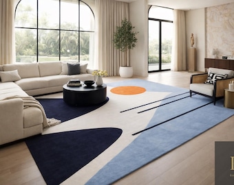 Luxe modern abstract handgetuft wollen vloerkleed | Blauw crème geometrisch designtapijt voor woonkamer slaapkamer