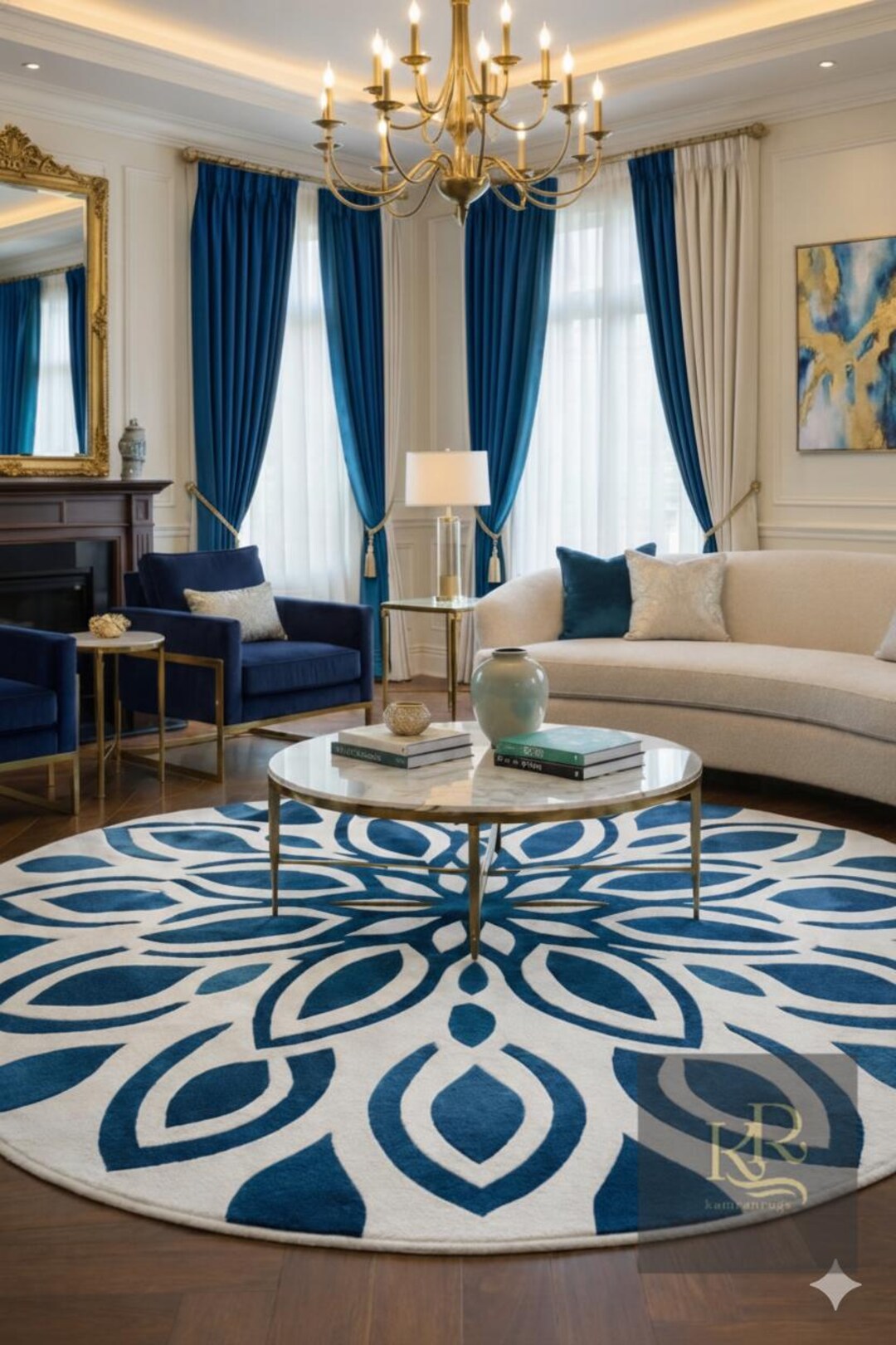 Luxury Blue and White Round Area Rug – Hand-tufted Modern Floral Wool ...